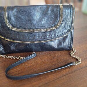 Michael Kors Naomi Black Leather Clutch with Detachable‎ Gold Chain Strap